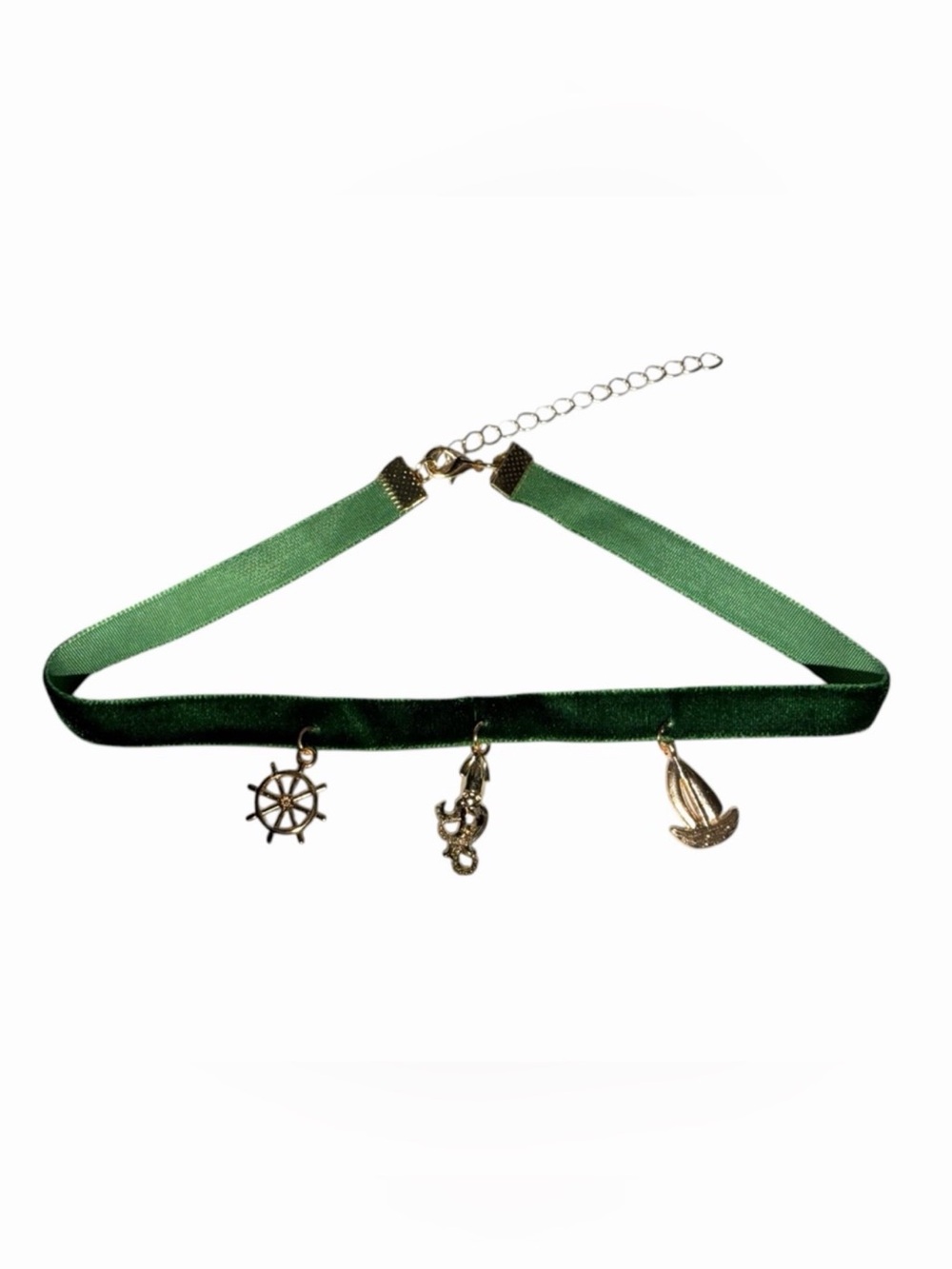 Velvet Green Choker Necklace with Gold Charms